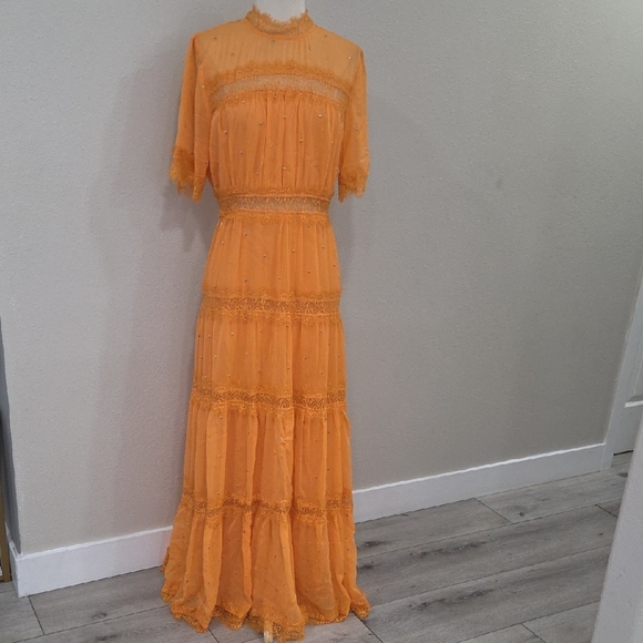 Anthropologie Orange Ruffled Tiered Gown with Bishop Sleeves - Picture 3 of 7